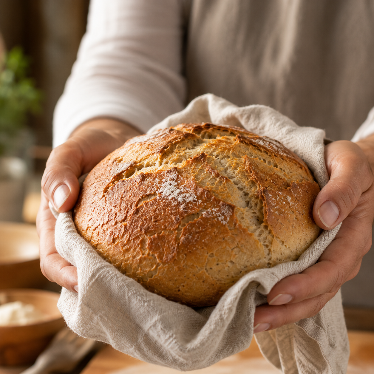 Persona sosteniendo pan sin gluten recién horneado